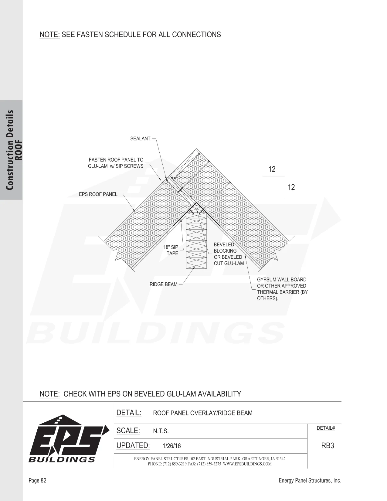 Roof Panel Overlay / Ridge Beam construction detail drawing with callouts