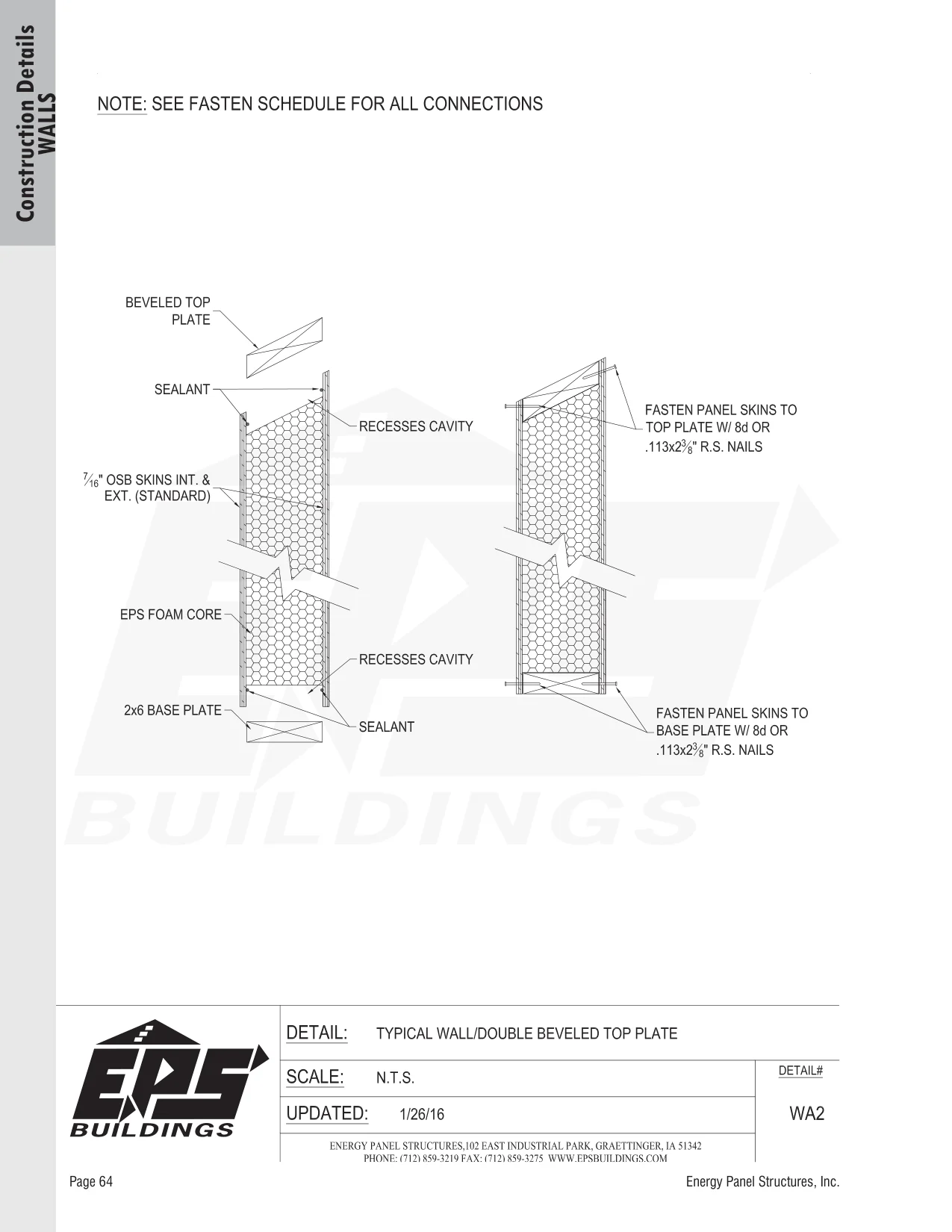 Typical Wall / Double Beveled Top Plate construction detail drawing with callouts