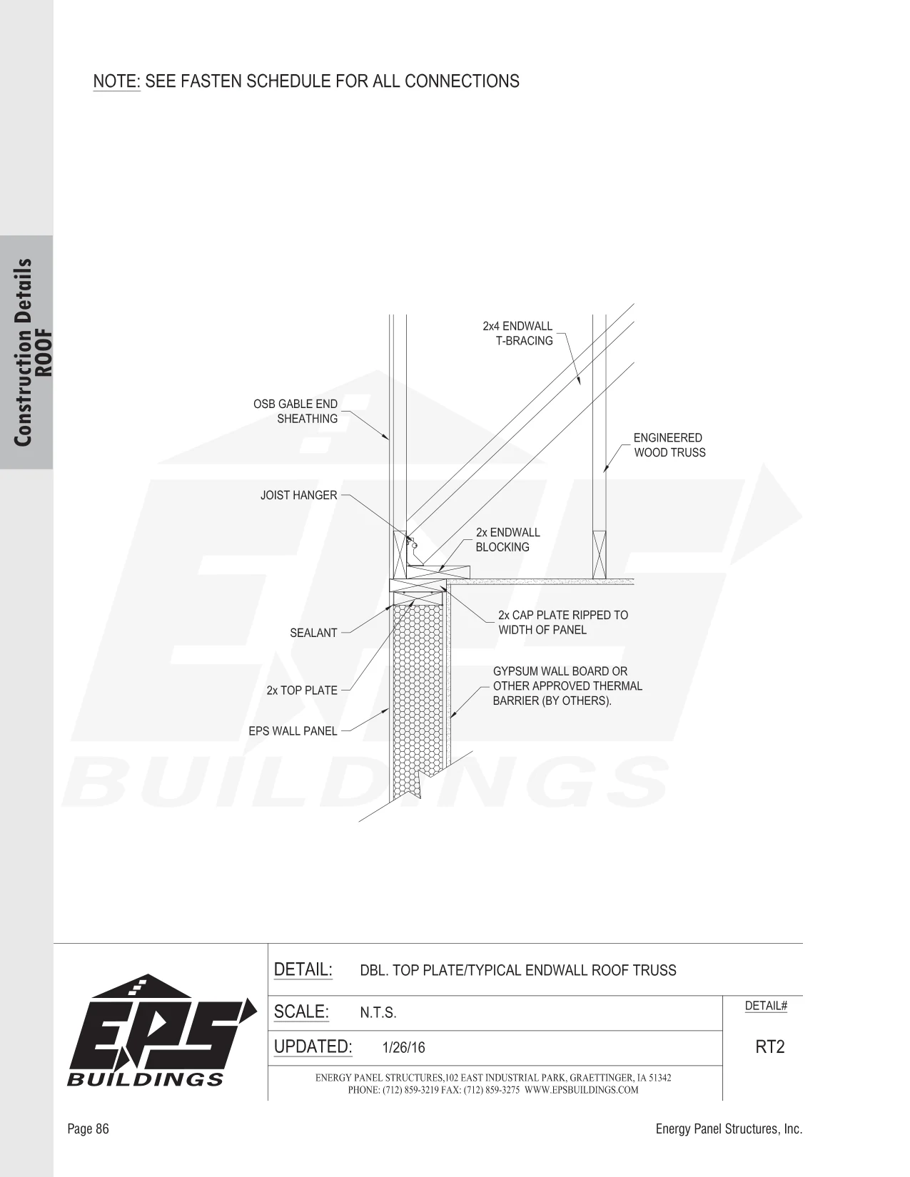 Dbl. Top Plate / Typical Endwall Roof Truss construction detail drawing with callouts