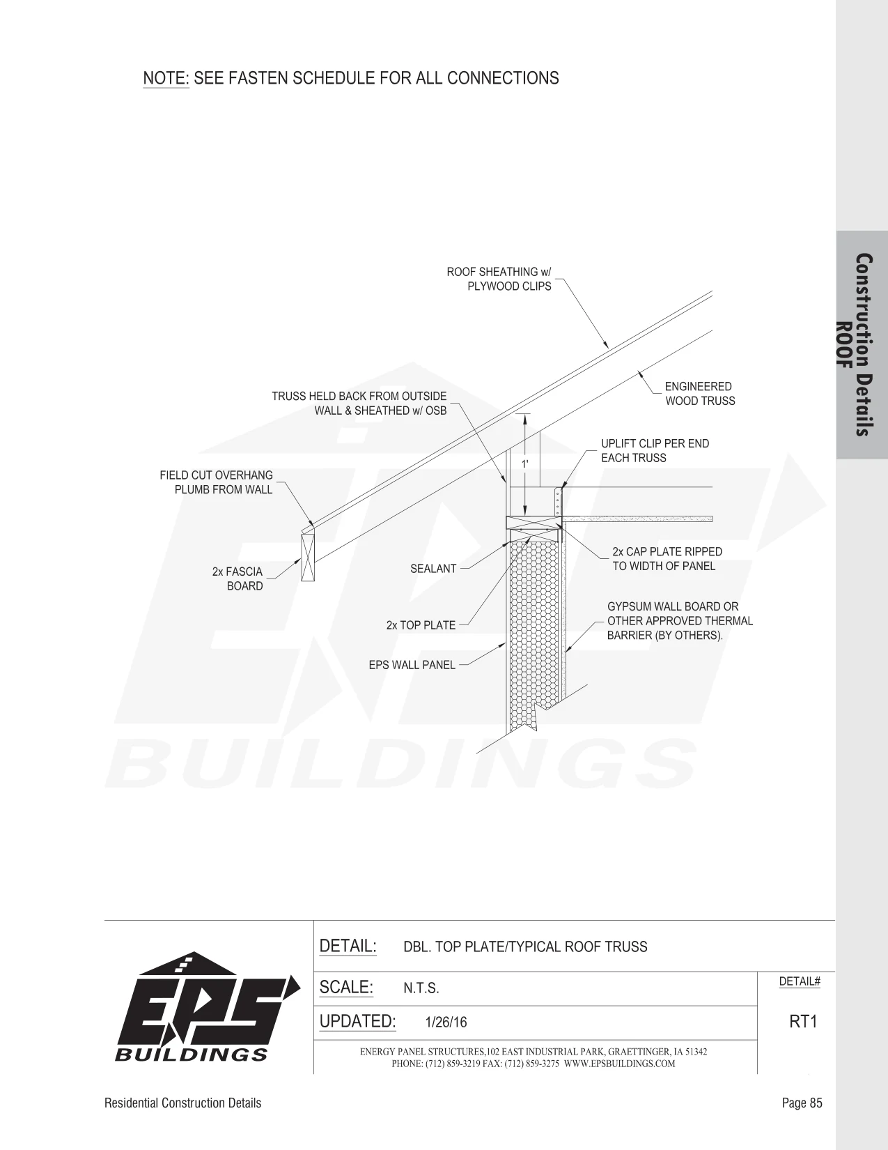 Dbl. Top Plate / Typical Roof Truss construction detail drawing with callouts