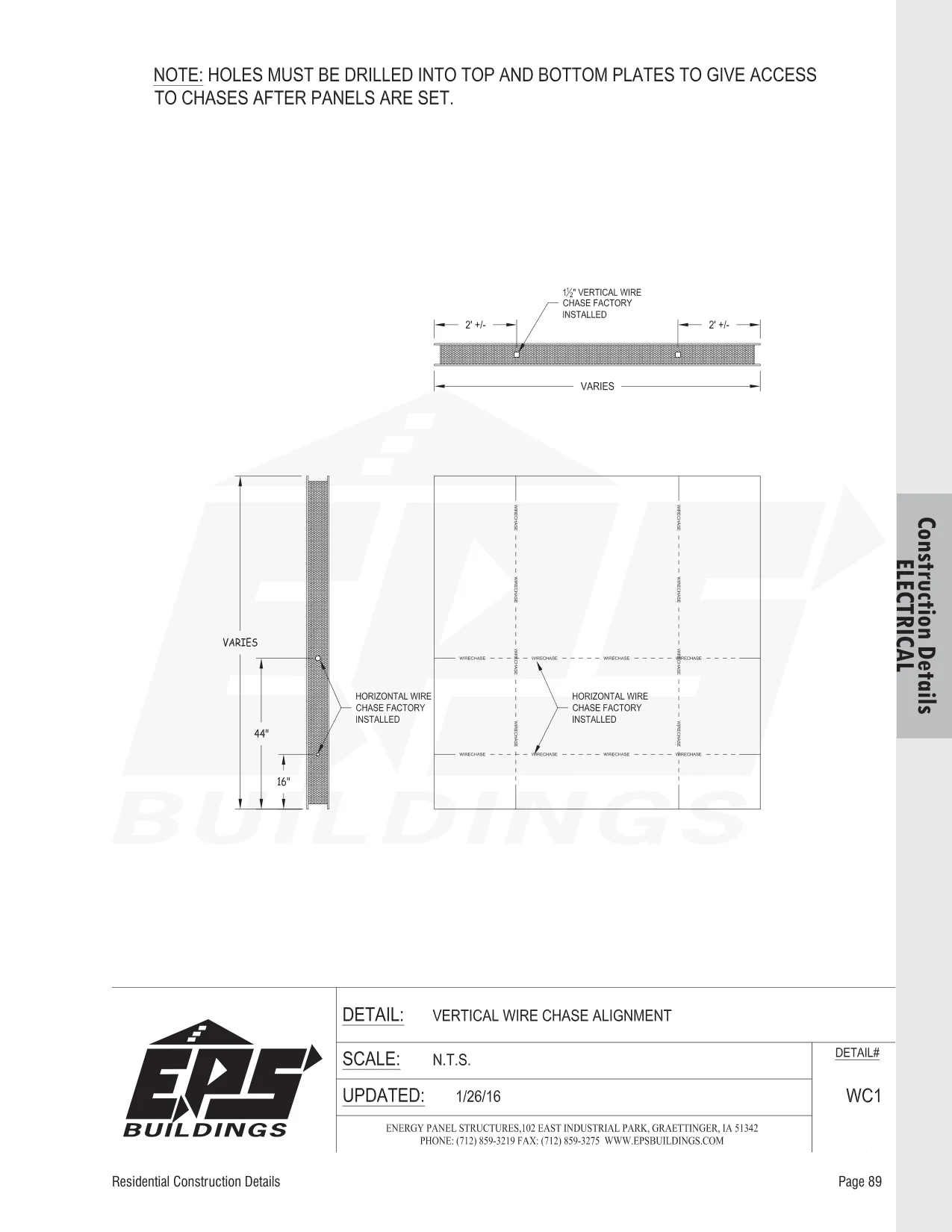 Vertical Wire Chase Alignment construction detail drawing with callouts