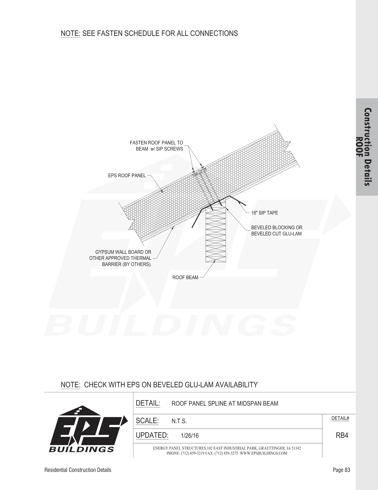 Roof Panel Spline at Midspan Beam construction detail drawing with callouts