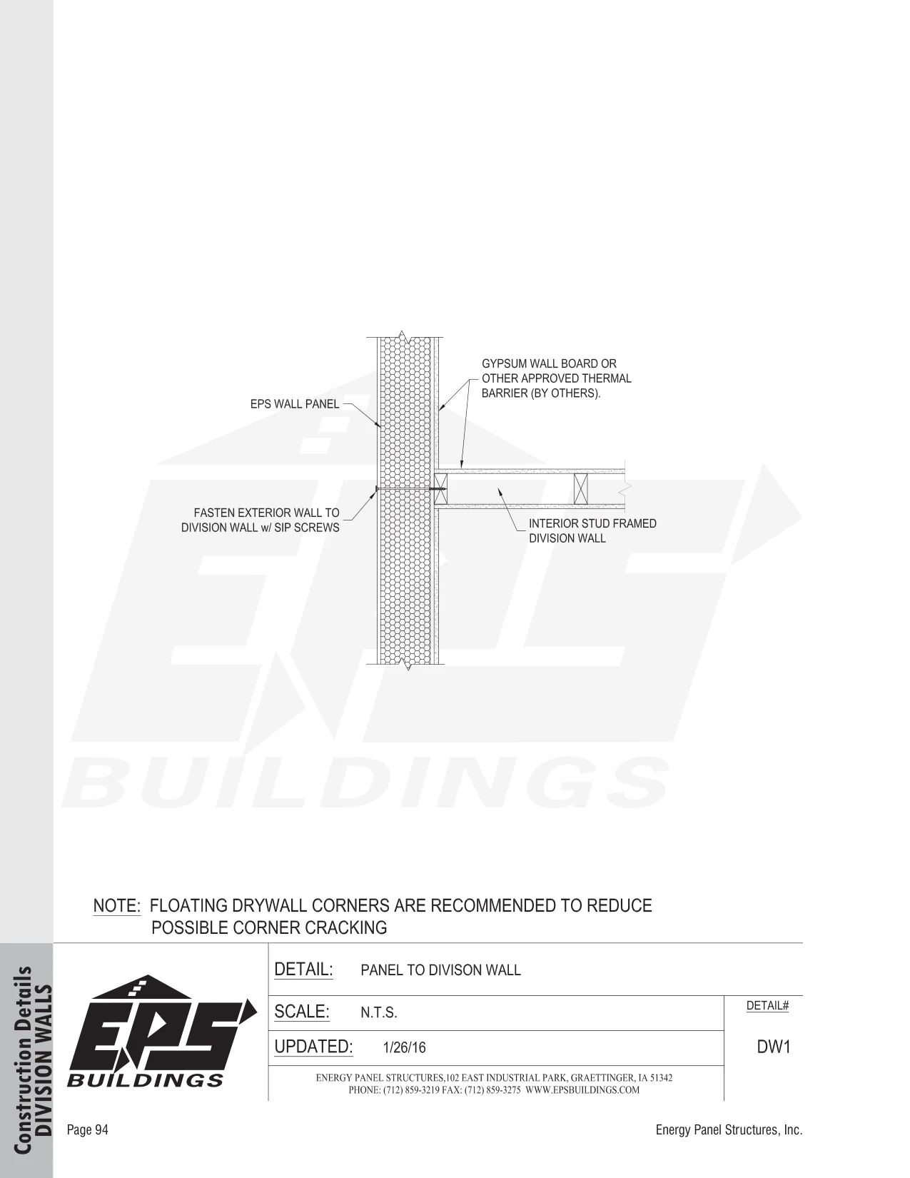 Panel to Division Wall construction detail drawing with callouts