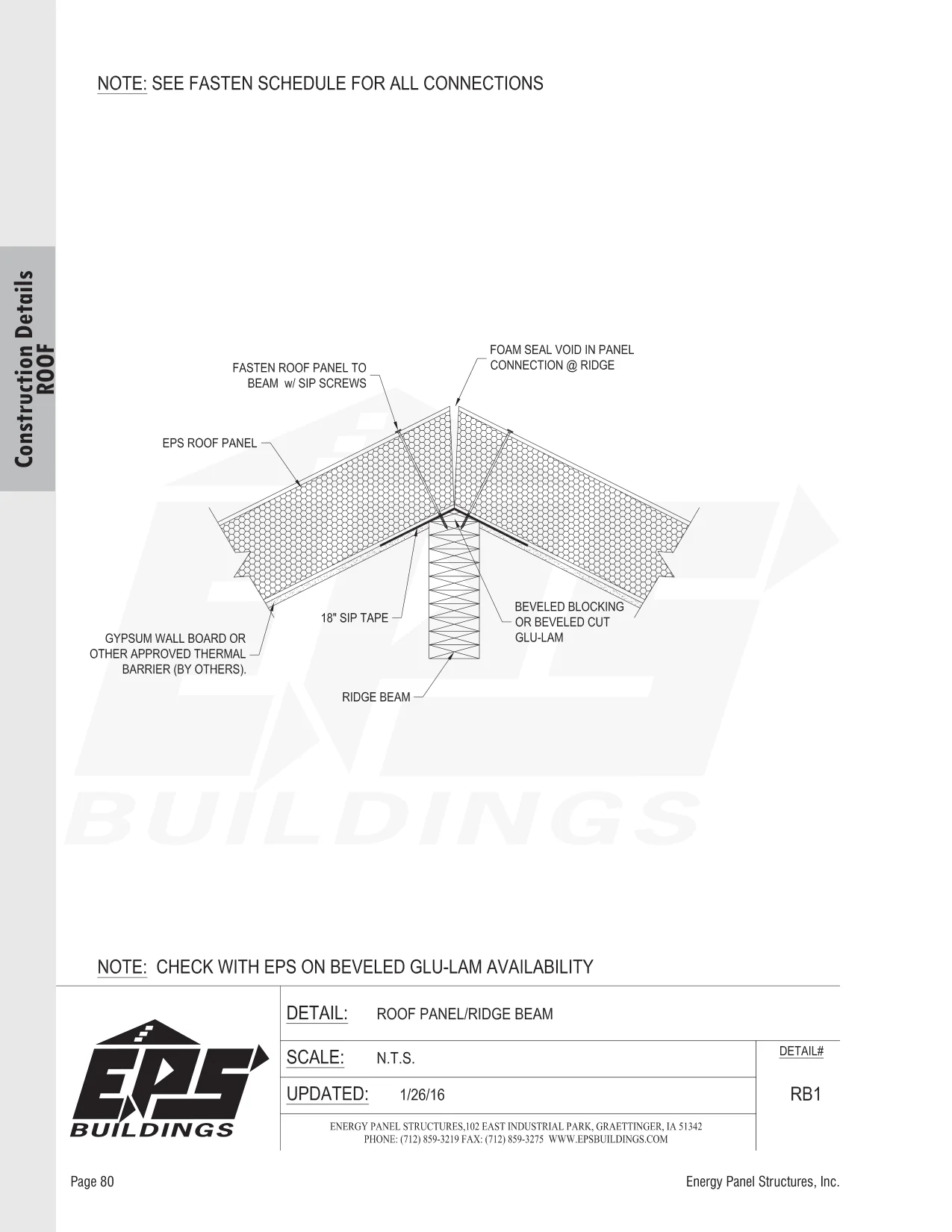 Roof Panel / Ridge Beam construction detail drawing with callouts