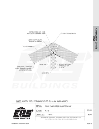 Roof Panel / Ridge Beam / Foam Cap construction detail drawing