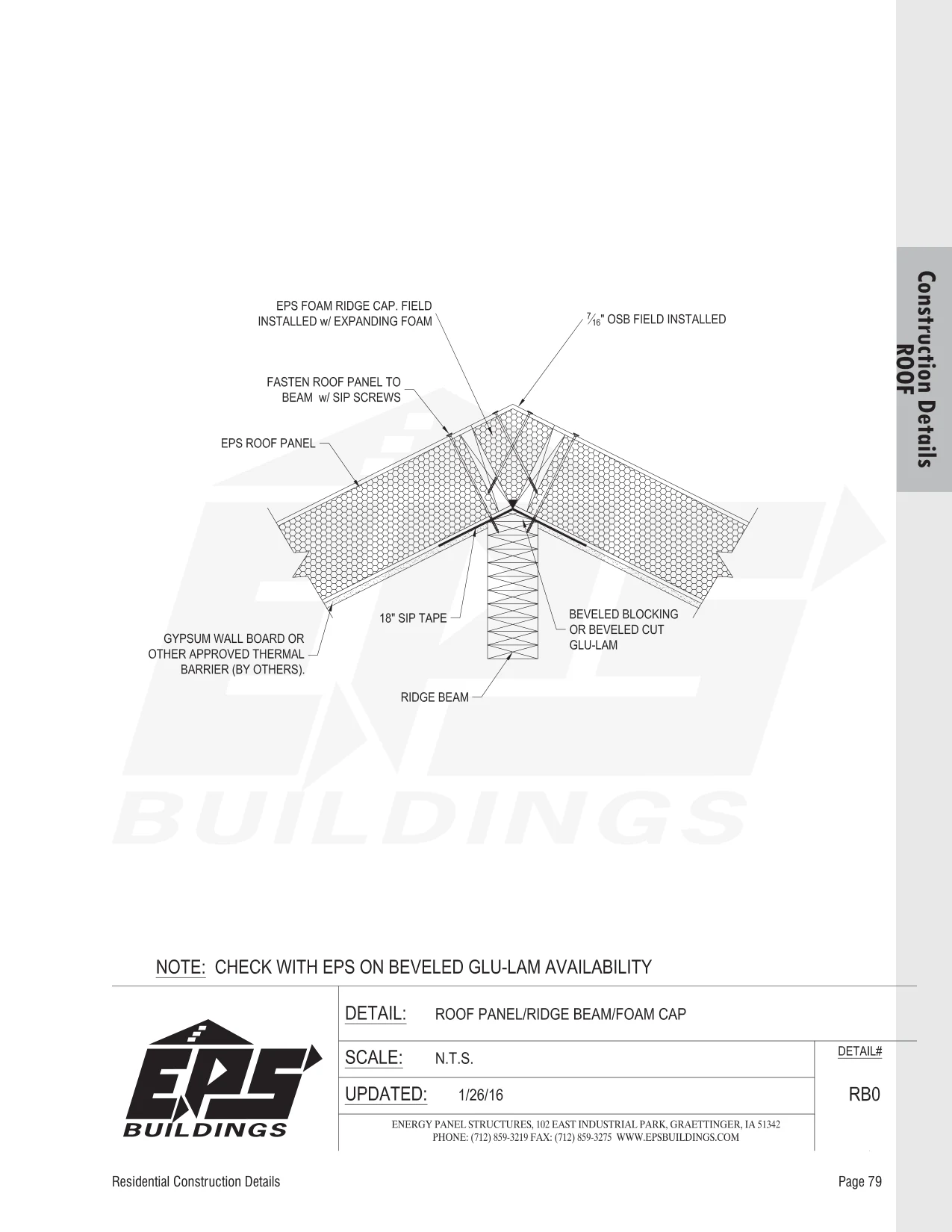 Roof Panel / Ridge Beam / Foam Cap construction detail drawing with callouts
