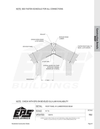 Roof Panel w/ Lumber / Ridge Beam construction detail drawing