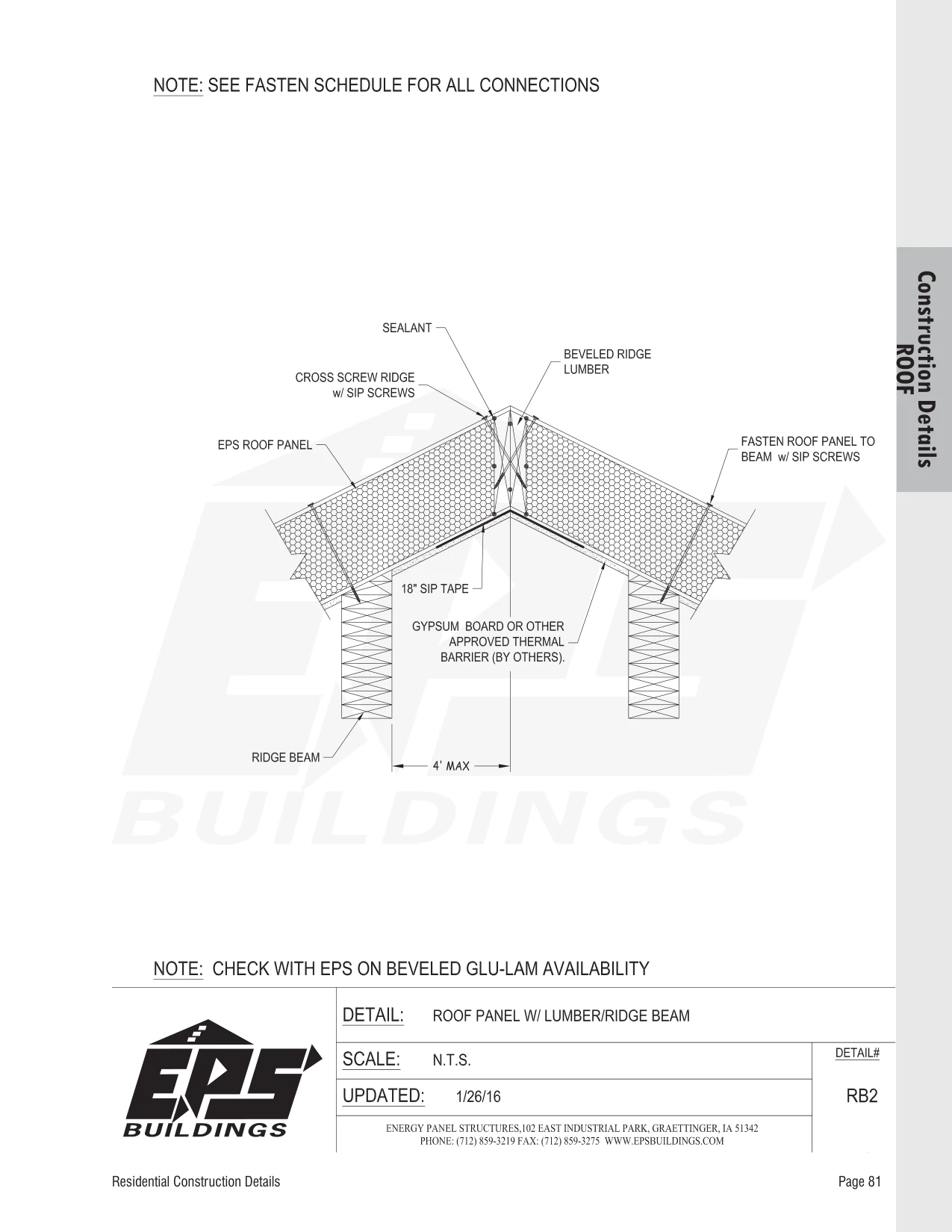 Roof Panel w/ Lumber / Ridge Beam construction detail drawing with callouts