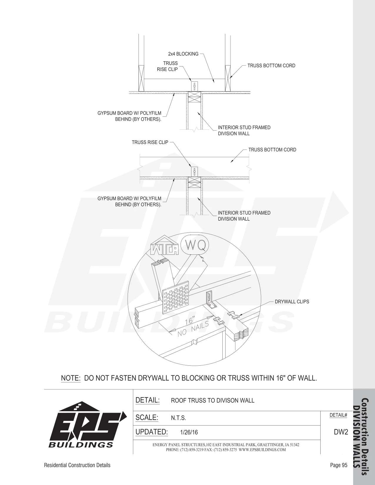 Roof Truss to Division Wall construction detail drawing with callouts