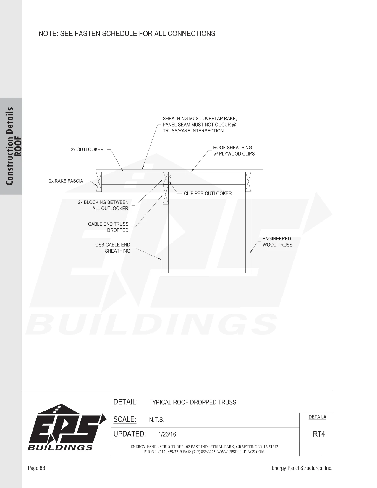 Typical Roof Dropped Truss construction detail drawing with callouts
