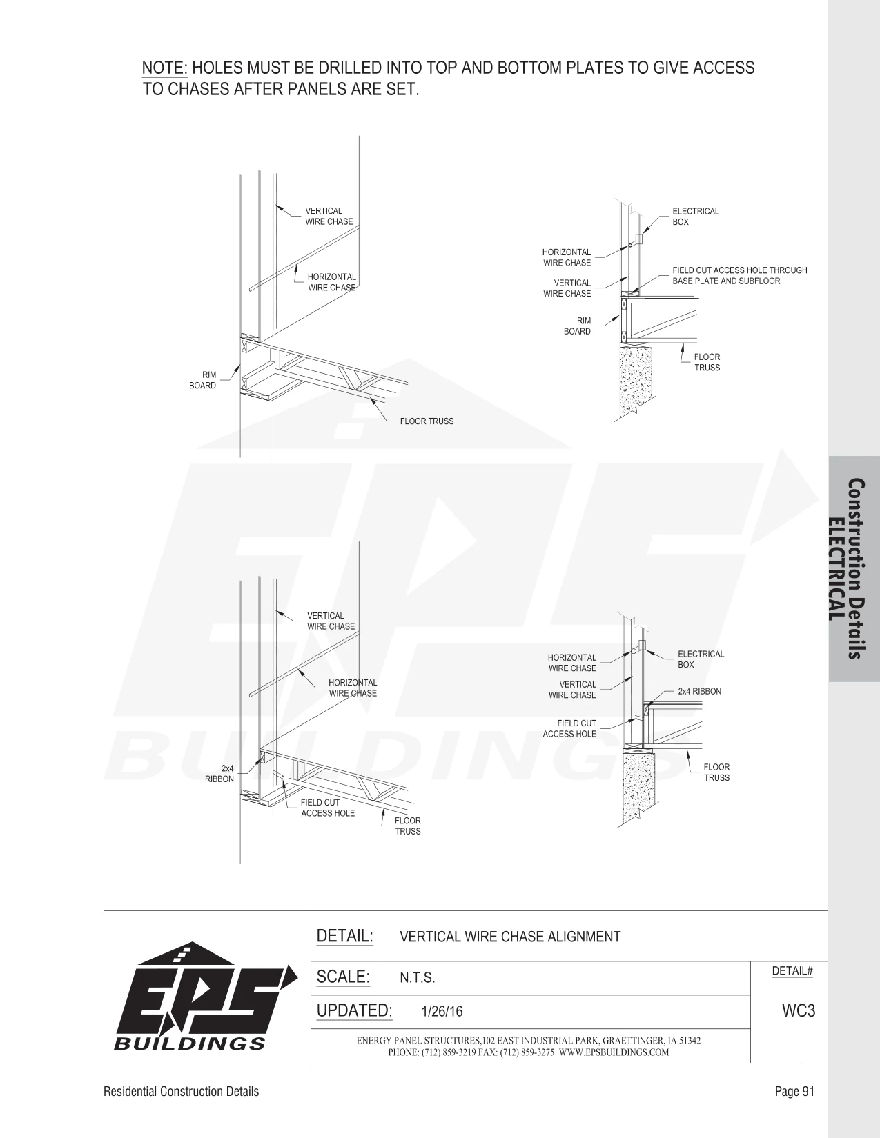 Vertical Wire Chase Alignment construction detail drawing with callouts