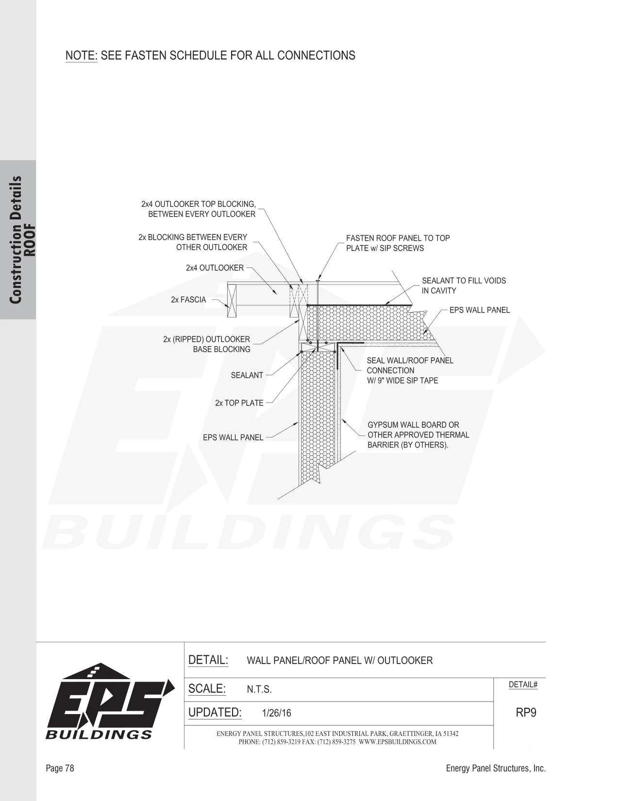 Wall Panel / Roof Panel w/ Outlooker construction detail drawing with callouts