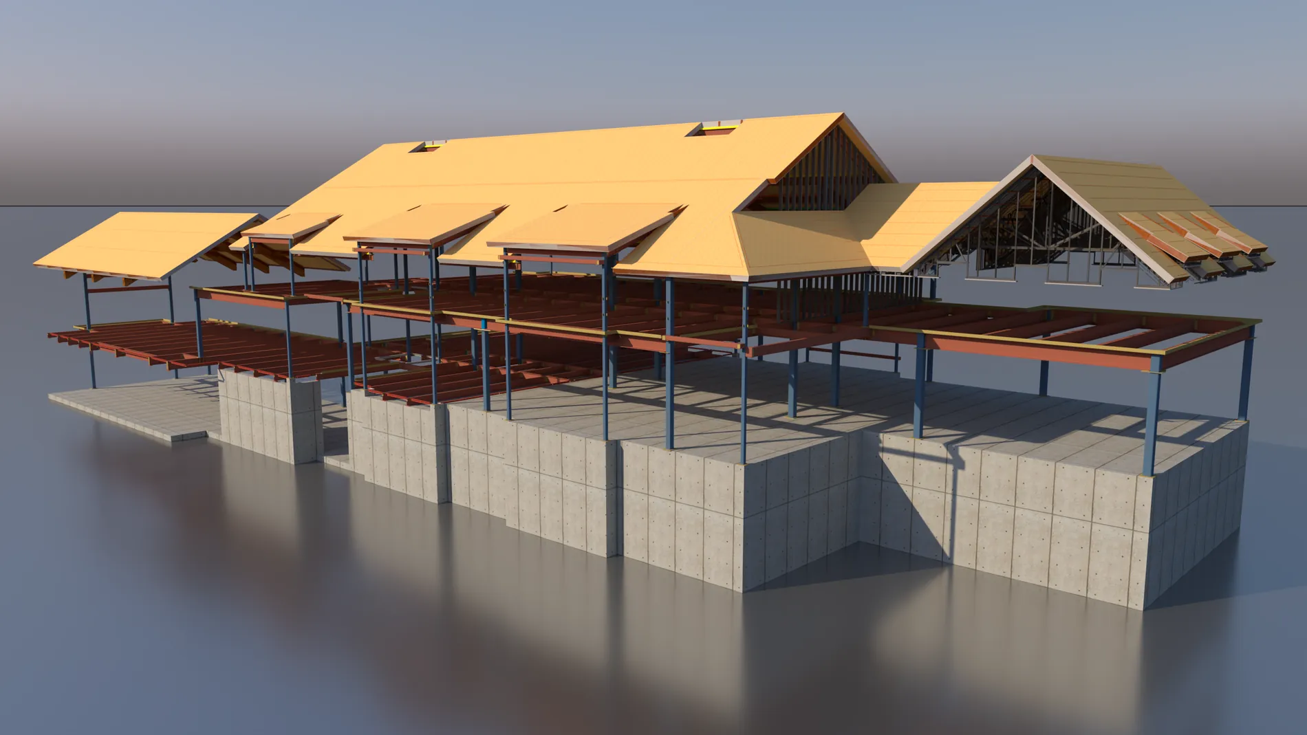 Exploded 3D model of a building: concrete foundation walls, steel columns and beams, engineered floor framing and SIP roof panels lifted clear